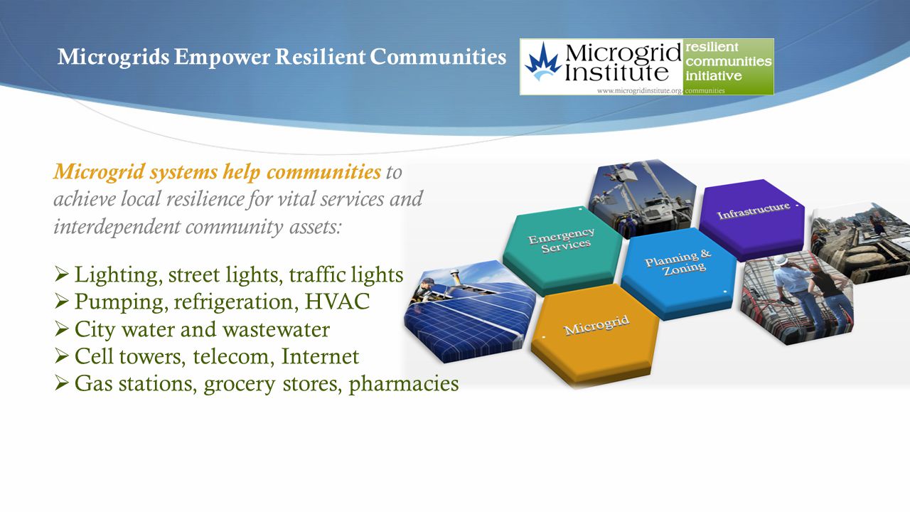 Microgrid systems help communities to achieve local resilience for vital services and interdependent community assets:  Lighting, street lights, traffic lights  Pumping, refrigeration, HVAC  City water and wastewater  Cell towers, telecom, Internet  Gas stations, grocery stores, pharmacies Microgrids Empower Resilient Communities
