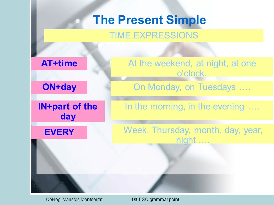 Col·legi Maristes Montserrat1st ESO grammar point The Present Simple TIME EXPRESSIONS AT+timeAt the weekend, at night, at one o’clock.