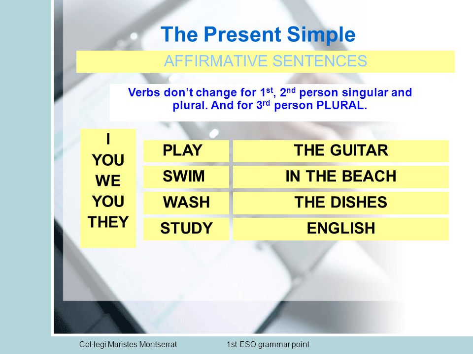 Col·legi Maristes Montserrat1st ESO grammar point The Present Simple AFFIRMATIVE SENTENCES I YOU WE YOU THEY PLAY Verbs don’t change for 1 st, 2 nd person singular and plural.