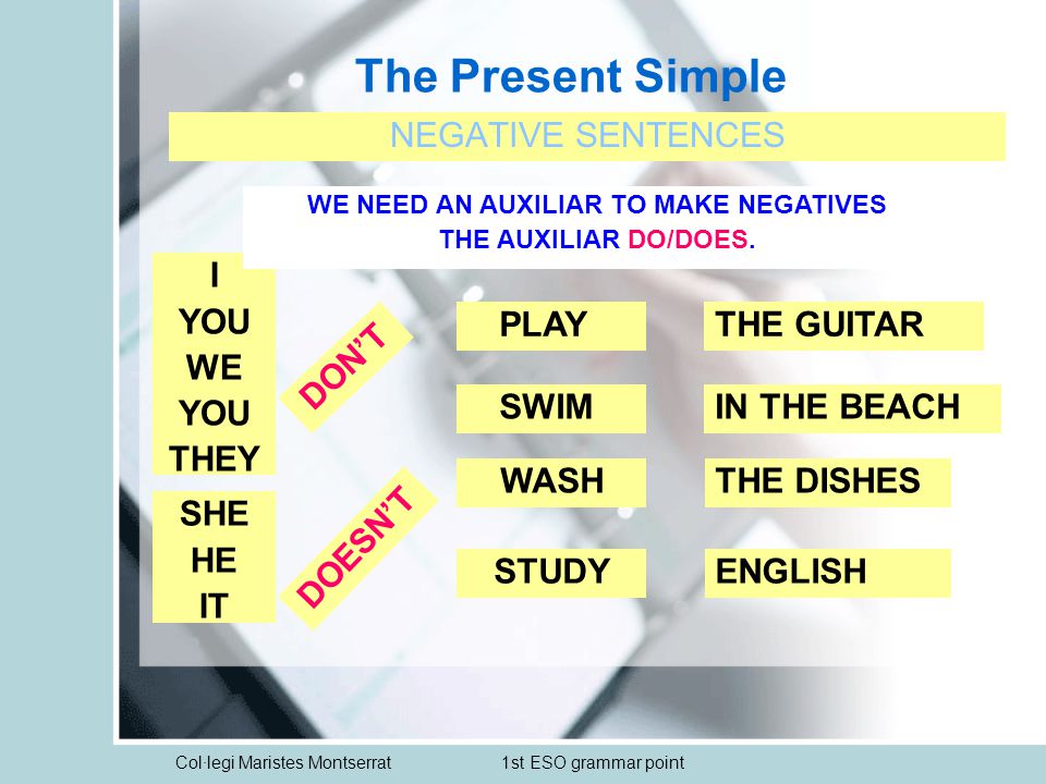 Col·legi Maristes Montserrat1st ESO grammar point The Present Simple NEGATIVE SENTENCES I YOU WE YOU THEY PLAY WE NEED AN AUXILIAR TO MAKE NEGATIVES THE AUXILIAR DO/DOES.