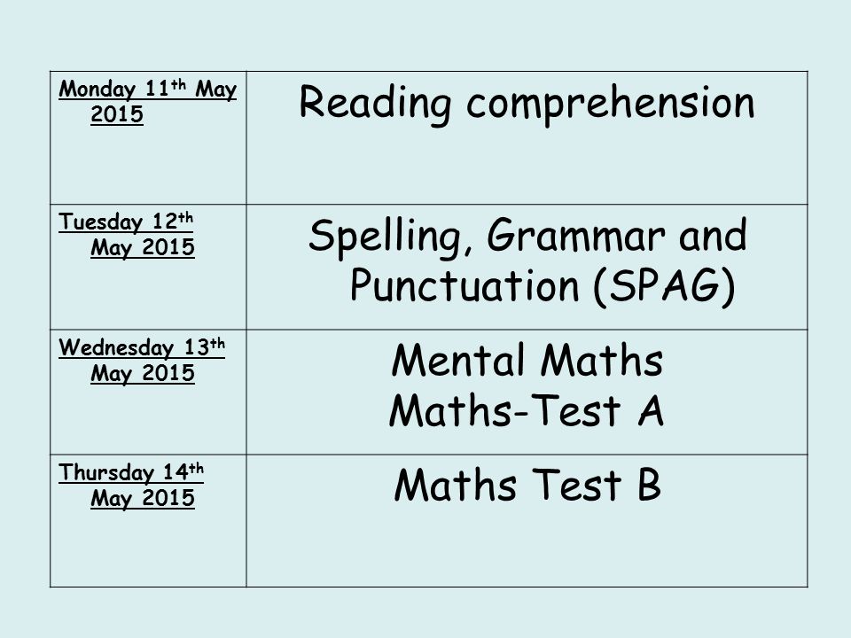 Monday 11 th May 2015 Reading comprehension Tuesday 12 th May 2015 Spelling, Grammar and Punctuation (SPAG) Wednesday 13 th May 2015 Mental Maths Maths-Test A Thursday 14 th May 2015 Maths Test B