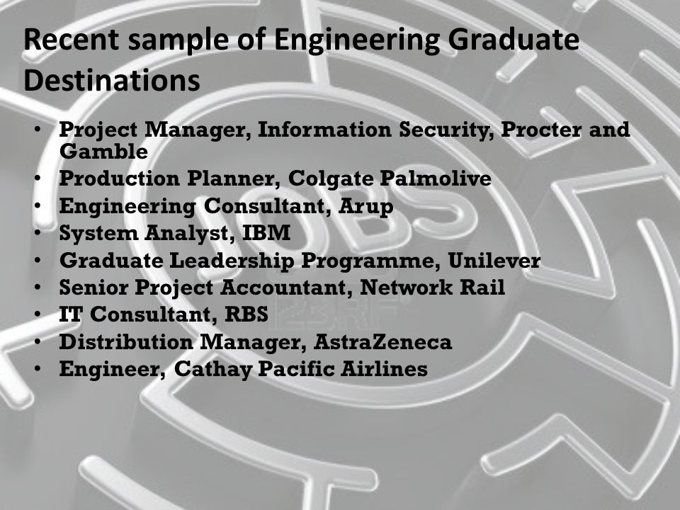 Recent sample of Engineering Graduate Destinations Project Manager, Information Security, Procter and Gamble Production Planner, Colgate Palmolive Engineering Consultant, Arup System Analyst, IBM Graduate Leadership Programme, Unilever Senior Project Accountant, Network Rail IT Consultant, RBS Distribution Manager, AstraZeneca Engineer, Cathay Pacific Airlines