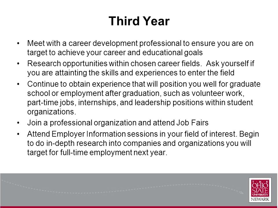 Third Year Meet with a career development professional to ensure you are on target to achieve your career and educational goals Research opportunities within chosen career fields.