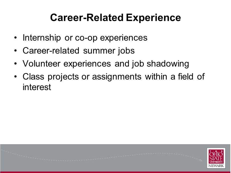 Career-Related Experience Internship or co-op experiences Career-related summer jobs Volunteer experiences and job shadowing Class projects or assignments within a field of interest