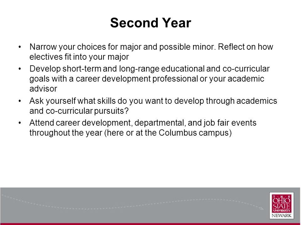 Second Year Narrow your choices for major and possible minor.