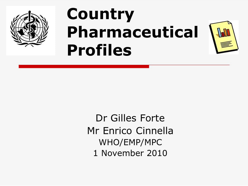 Country Pharmaceutical Profiles Dr Gilles Forte Mr Enrico Cinnella WHO/EMP/MPC 1 November 2010