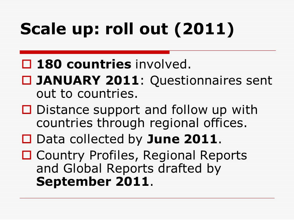 Scale up: roll out (2011)  180 countries involved.