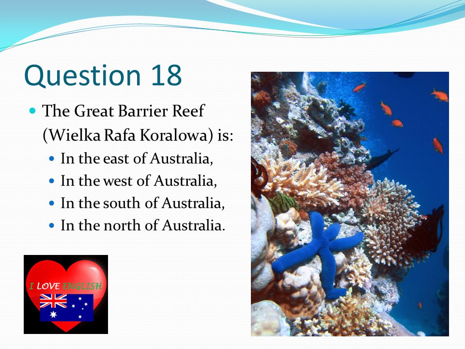 Question 18 The Great Barrier Reef (Wielka Rafa Koralowa) is: In the east of Australia, In the west of Australia, In the south of Australia, In the north of Australia.