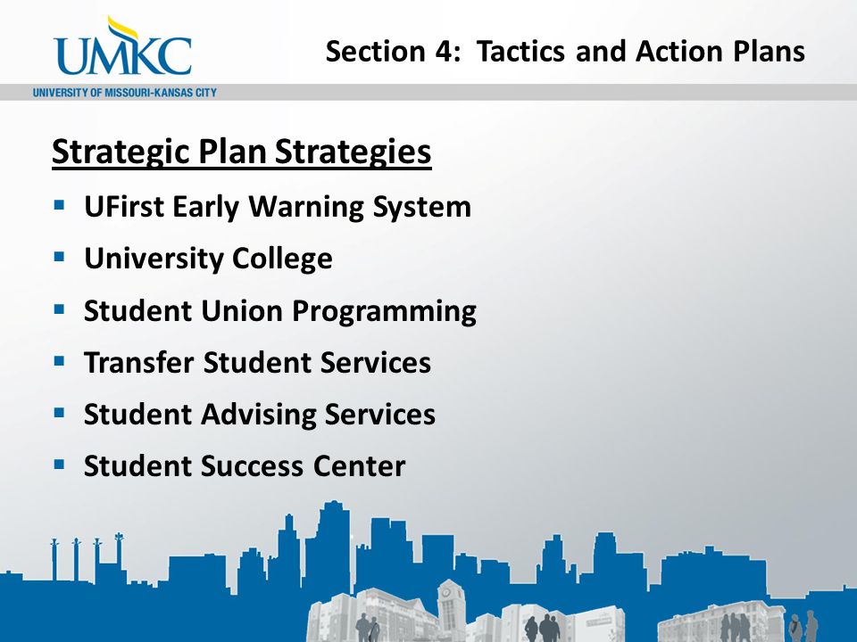 Section 4: Tactics and Action Plans Strategic Plan Strategies  UFirst Early Warning System  University College  Student Union Programming  Transfer Student Services  Student Advising Services  Student Success Center