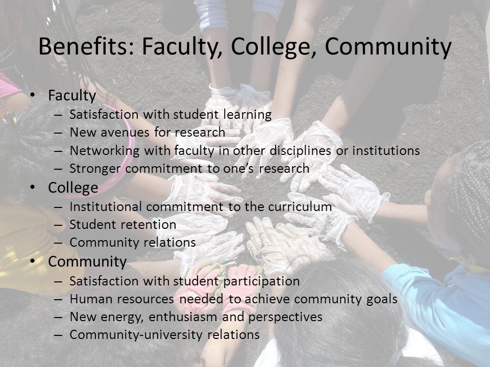 Benefits: Faculty, College, Community Faculty – Satisfaction with student learning – New avenues for research – Networking with faculty in other disciplines or institutions – Stronger commitment to one’s research College – Institutional commitment to the curriculum – Student retention – Community relations Community – Satisfaction with student participation – Human resources needed to achieve community goals – New energy, enthusiasm and perspectives – Community-university relations