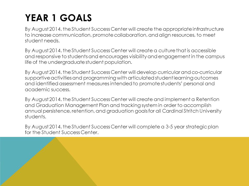 YEAR 1 GOALS By August 2014, the Student Success Center will create the appropriate infrastructure to increase communication, promote collaboration, and align resources, to meet student needs.