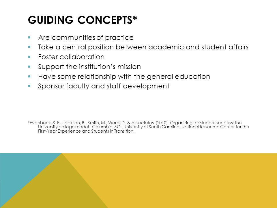 GUIDING CONCEPTS*  Are communities of practice  Take a central position between academic and student affairs  Foster collaboration  Support the institution’s mission  Have some relationship with the general education  Sponsor faculty and staff development *Evenbeck, S.