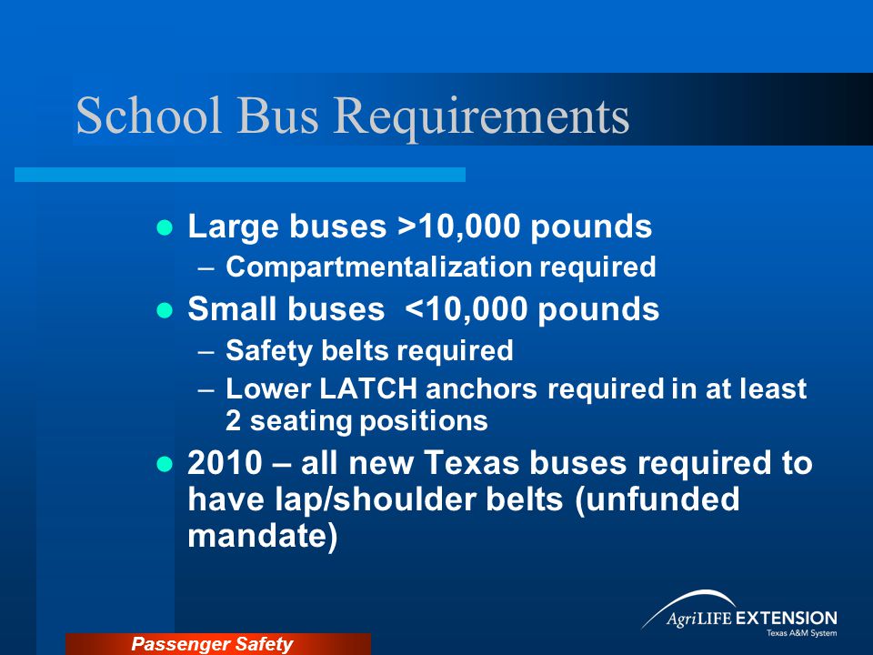 Passenger Safety School Bus Requirements Large buses >10,000 pounds –Compartmentalization required Small buses <10,000 pounds –Safety belts required –Lower LATCH anchors required in at least 2 seating positions 2010 – all new Texas buses required to have lap/shoulder belts (unfunded mandate)