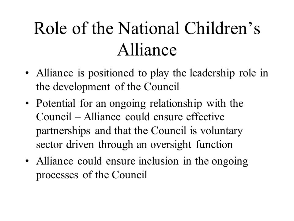 Role of the National Children’s Alliance Alliance is positioned to play the leadership role in the development of the Council Potential for an ongoing relationship with the Council – Alliance could ensure effective partnerships and that the Council is voluntary sector driven through an oversight function Alliance could ensure inclusion in the ongoing processes of the Council