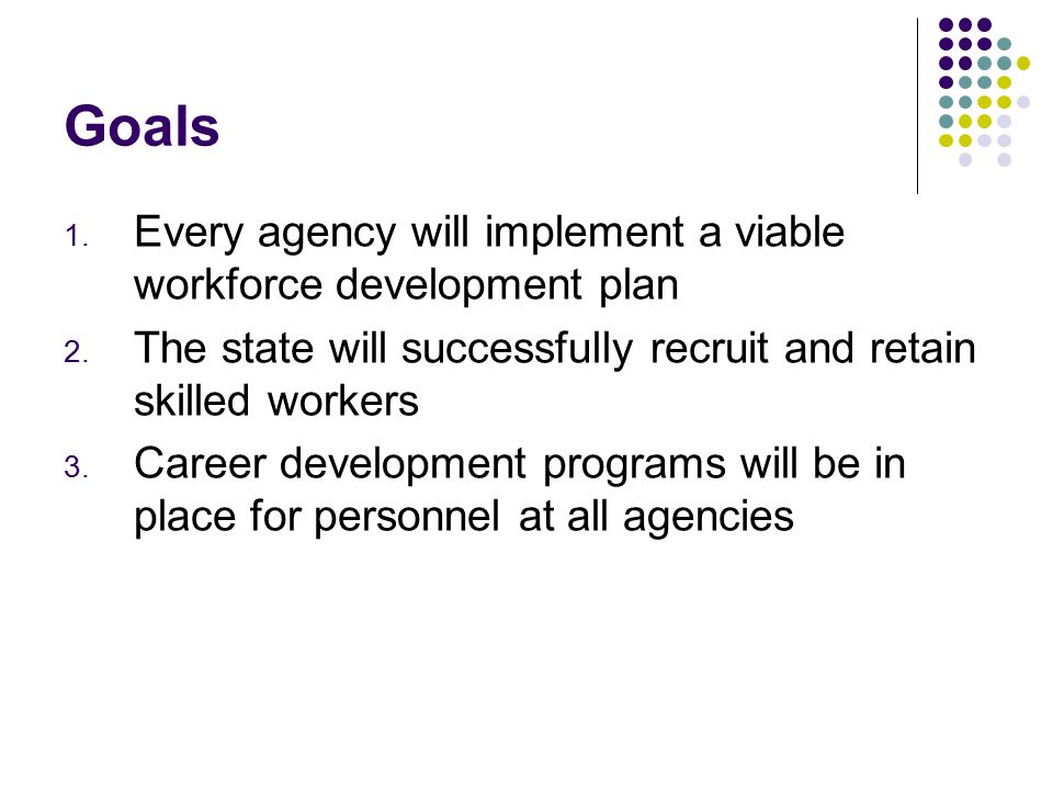 Goals 1. Every agency will implement a viable workforce development plan 2.