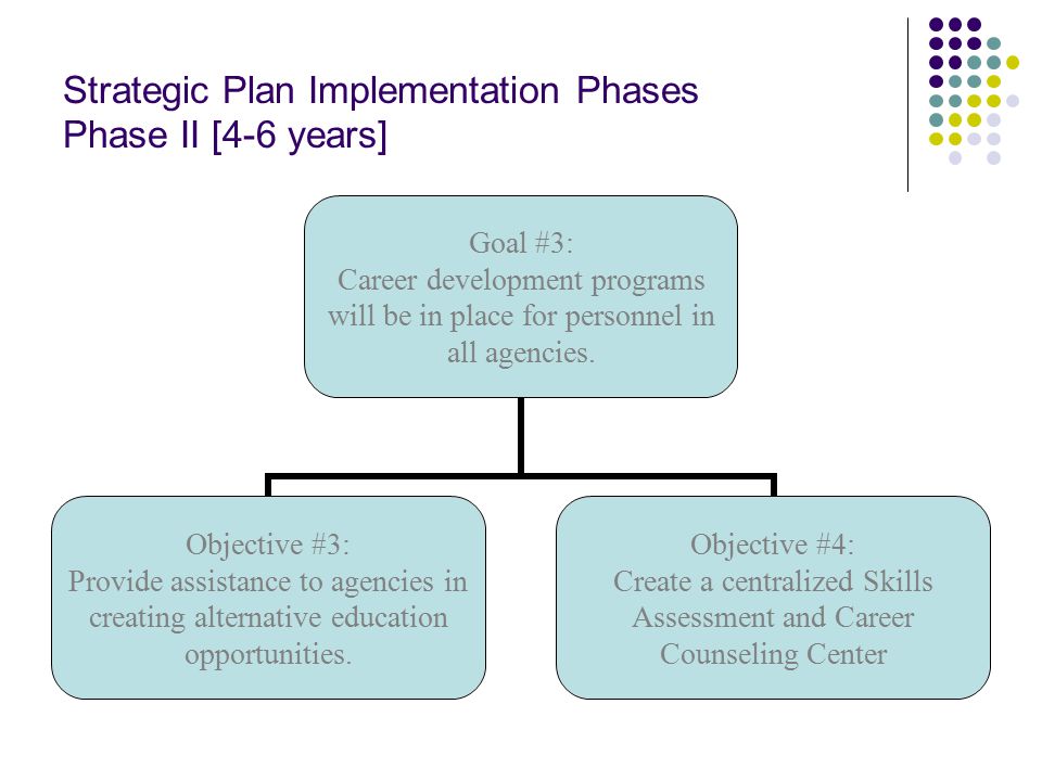 Strategic Plan Implementation Phases Phase II [4-6 years] Goal #3: Career development programs will be in place for personnel in all agencies.
