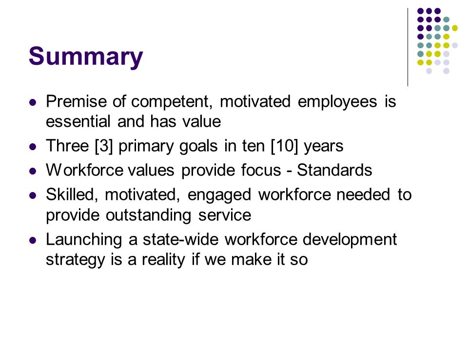 Summary Premise of competent, motivated employees is essential and has value Three [3] primary goals in ten [10] years Workforce values provide focus - Standards Skilled, motivated, engaged workforce needed to provide outstanding service Launching a state-wide workforce development strategy is a reality if we make it so