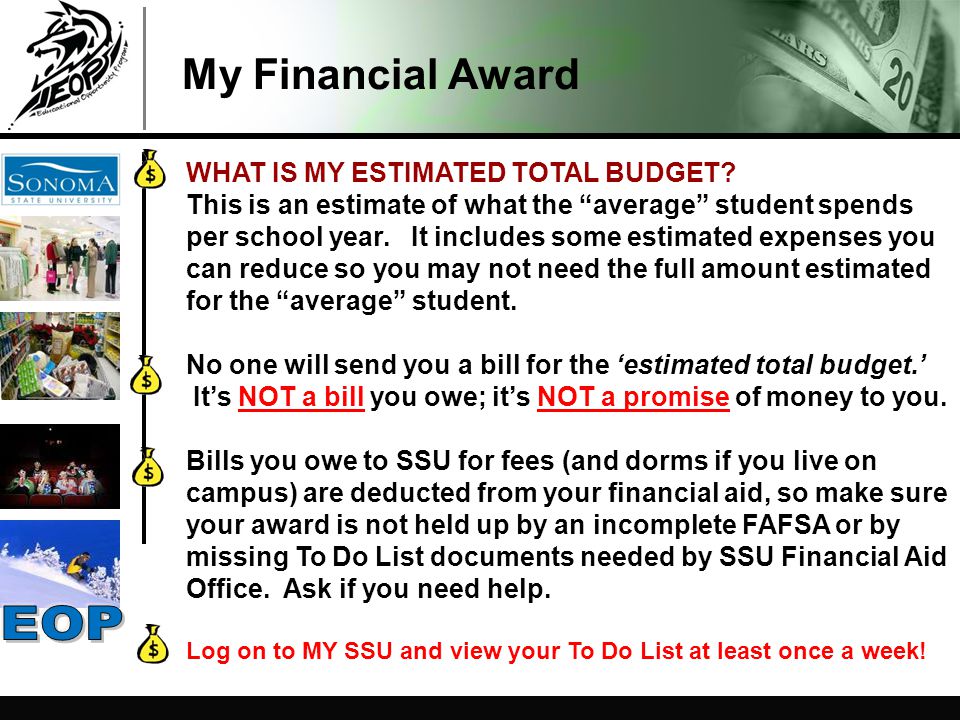 My Financial Award WHAT IS MY ESTIMATED TOTAL BUDGET.