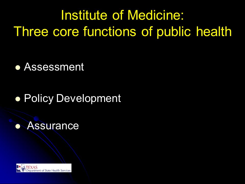 Institute of Medicine: Three core functions of public health Assessment Policy Development Assurance