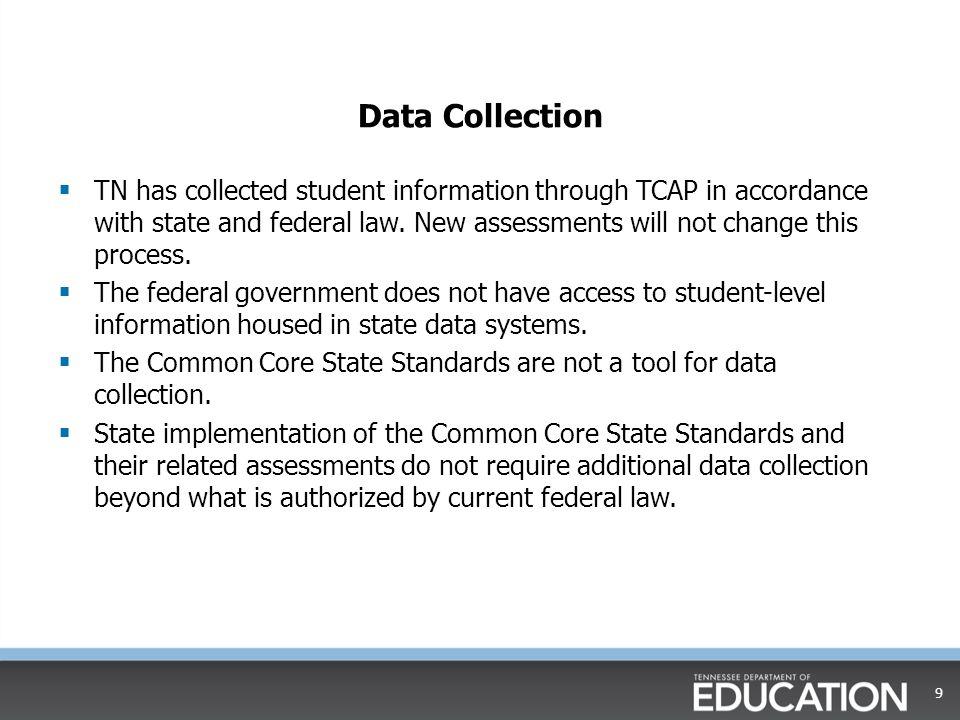 Data Collection  TN has collected student information through TCAP in accordance with state and federal law.