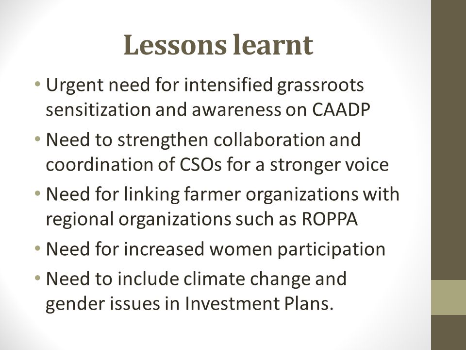 Lessons learnt Urgent need for intensified grassroots sensitization and awareness on CAADP Need to strengthen collaboration and coordination of CSOs for a stronger voice Need for linking farmer organizations with regional organizations such as ROPPA Need for increased women participation Need to include climate change and gender issues in Investment Plans.