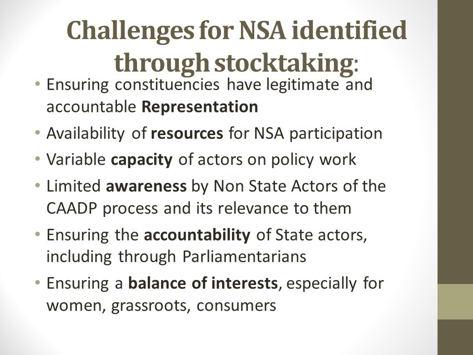 Challenges for NSA identified through stocktaking: Ensuring constituencies have legitimate and accountable Representation Availability of resources for NSA participation Variable capacity of actors on policy work Limited awareness by Non State Actors of the CAADP process and its relevance to them Ensuring the accountability of State actors, including through Parliamentarians Ensuring a balance of interests, especially for women, grassroots, consumers