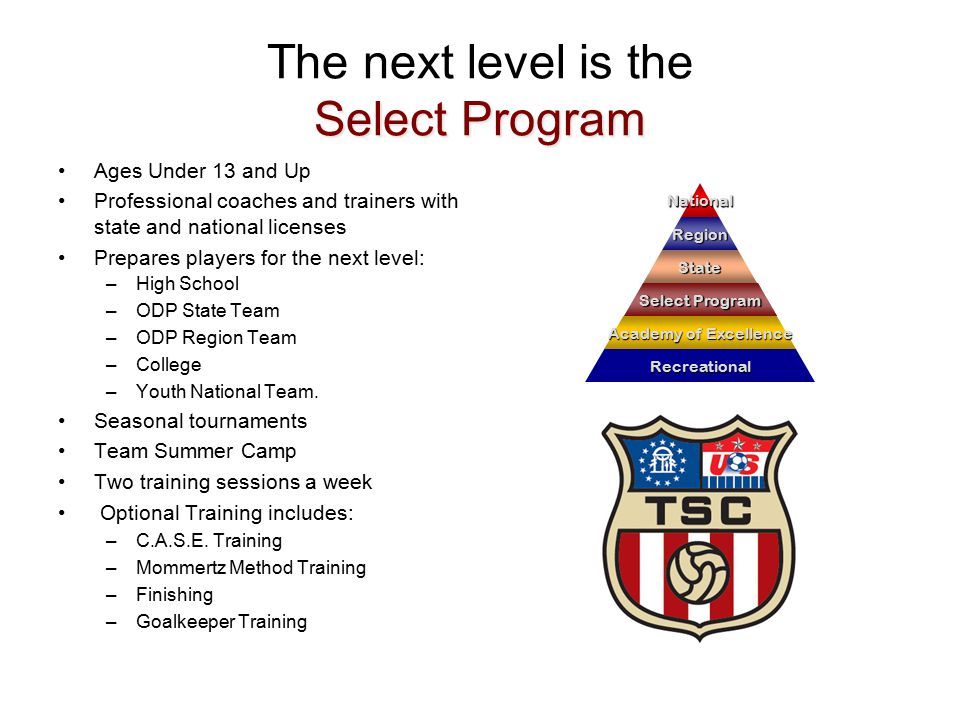 Select Program The next level is the Select Program Ages Under 13 and Up Professional coaches and trainers with state and national licenses Prepares players for the next level: –High School –ODP State Team –ODP Region Team –College –Youth National Team.