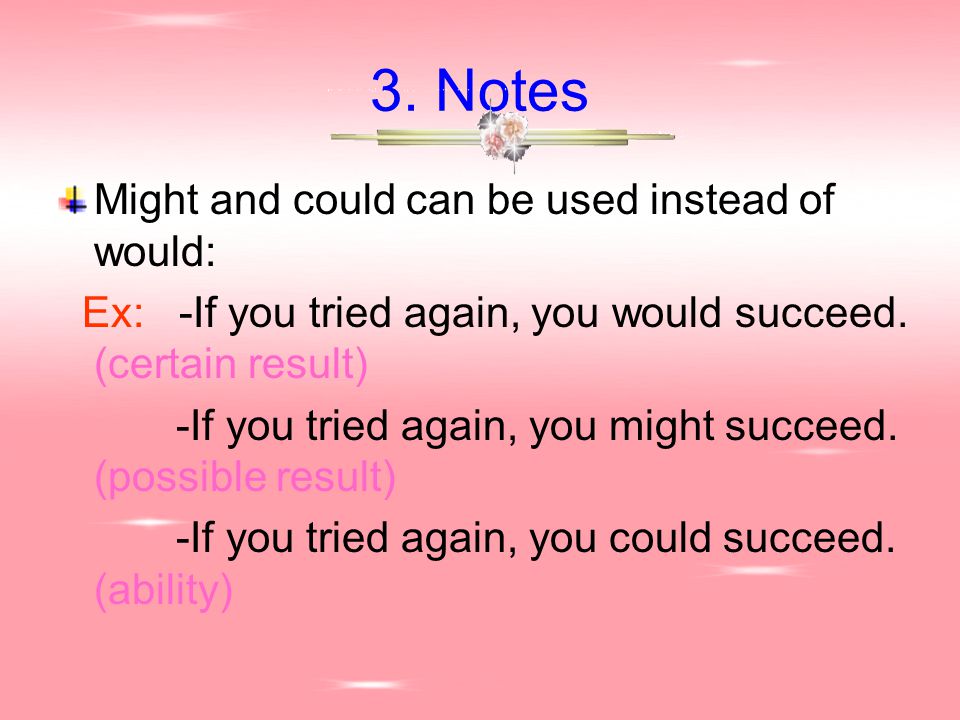 3. Notes Might and could can be used instead of would: Ex: -If you tried again, you would succeed.