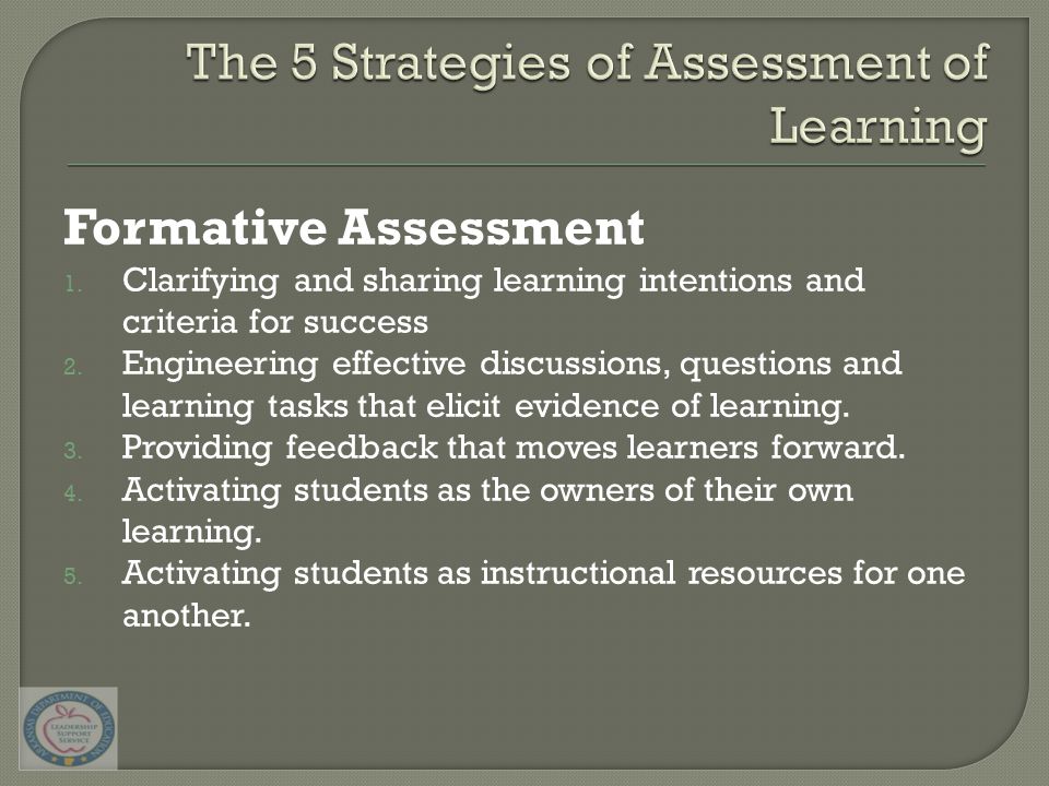 Formative Assessment 1. Clarifying and sharing learning intentions and criteria for success 2.