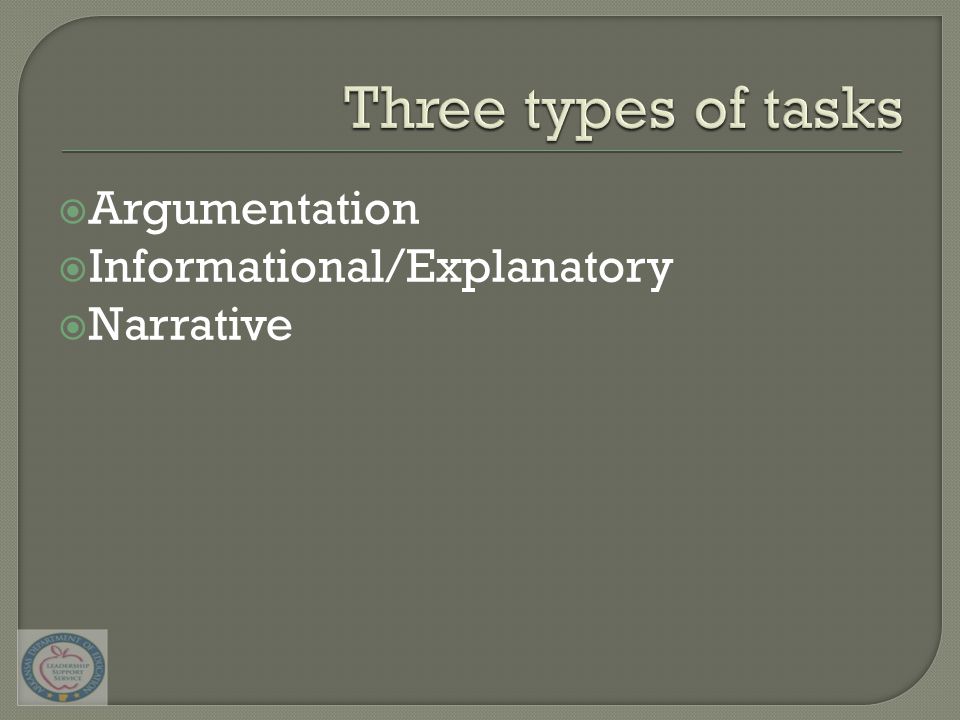  Argumentation  Informational/Explanatory  Narrative