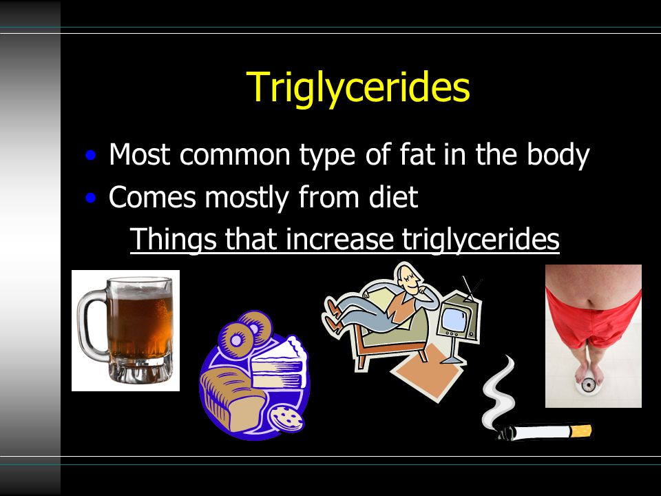 Triglycerides Most common type of fat in the body Comes mostly from diet Things that increase triglycerides