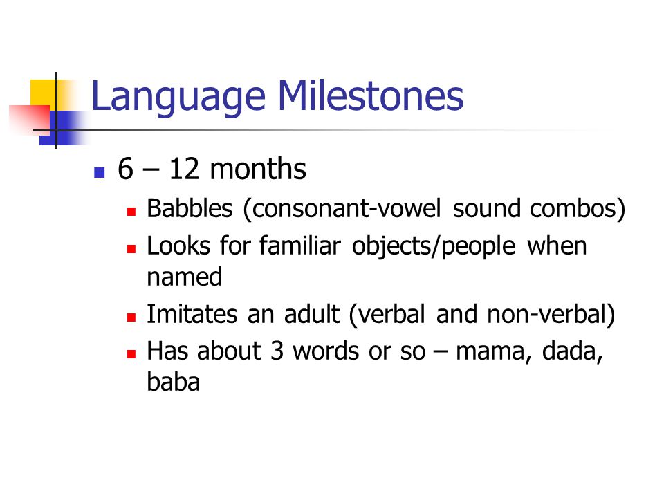 Language Milestones 6 – 12 months Babbles (consonant-vowel sound combos) Looks for familiar objects/people when named Imitates an adult (verbal and non-verbal) Has about 3 words or so – mama, dada, baba