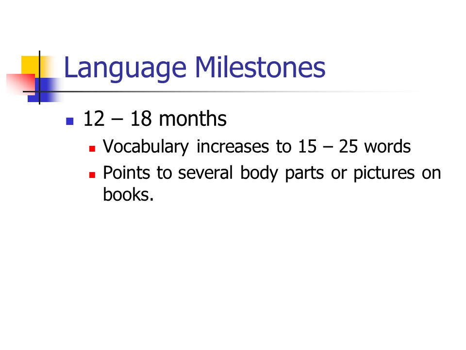 Language Milestones 12 – 18 months Vocabulary increases to 15 – 25 words Points to several body parts or pictures on books.