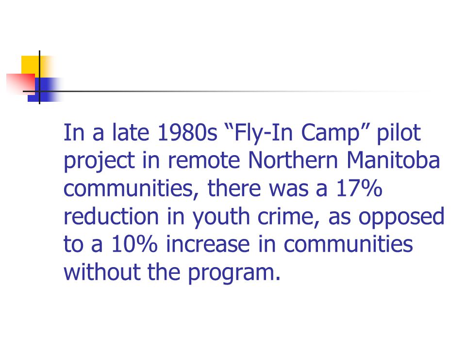 In a late 1980s Fly-In Camp pilot project in remote Northern Manitoba communities, there was a 17% reduction in youth crime, as opposed to a 10% increase in communities without the program.