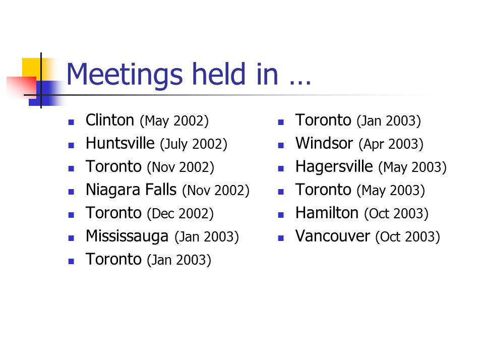 Meetings held in … Clinton (May 2002) Huntsville (July 2002) Toronto (Nov 2002) Niagara Falls (Nov 2002) Toronto (Dec 2002) Mississauga (Jan 2003) Toronto (Jan 2003) Windsor (Apr 2003) Hagersville (May 2003) Toronto (May 2003) Hamilton (Oct 2003) Vancouver (Oct 2003)