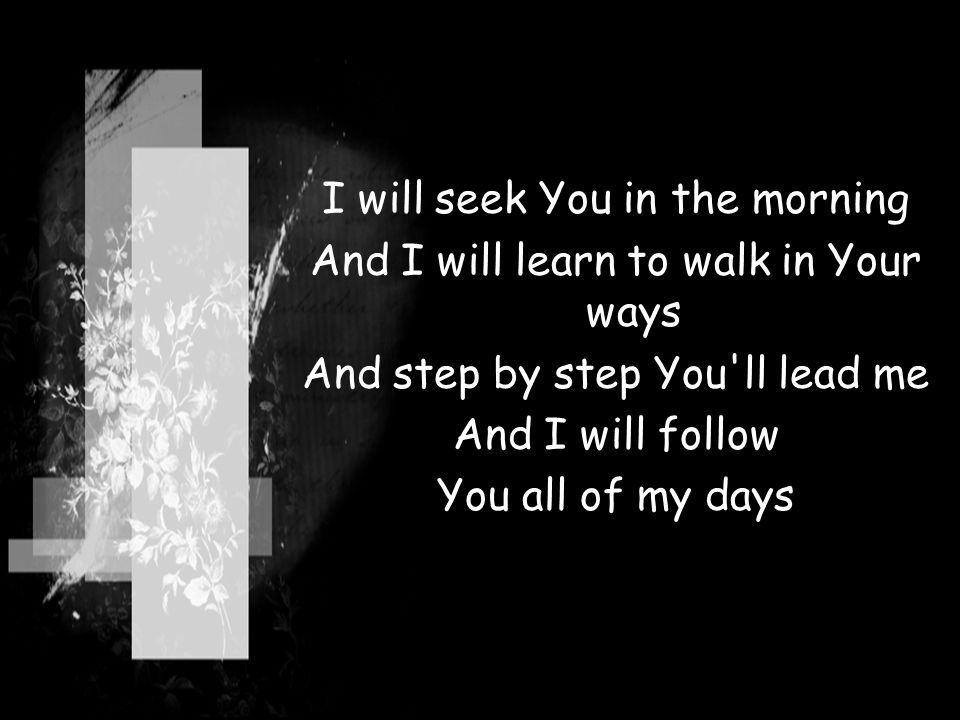 I will seek You in the morning And I will learn to walk in Your ways And step by step You ll lead me And I will follow You all of my days