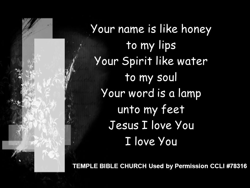 Your name is like honey to my lips Your Spirit like water to my soul Your word is a lamp unto my feet Jesus I love You I love You TEMPLE BIBLE CHURCH Used by Permission CCLI #78316