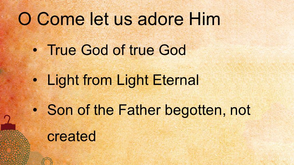 O Come let us adore Him True God of true God Light from Light Eternal Son of the Father begotten, not created