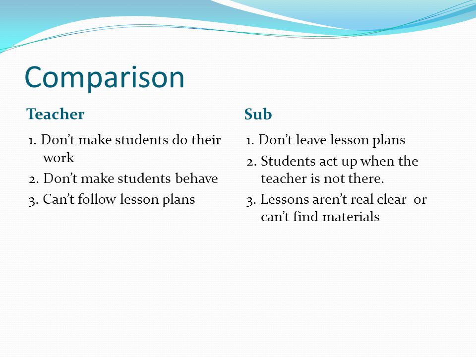 Comparison Teacher Sub 1. Don’t make students do their work 2.