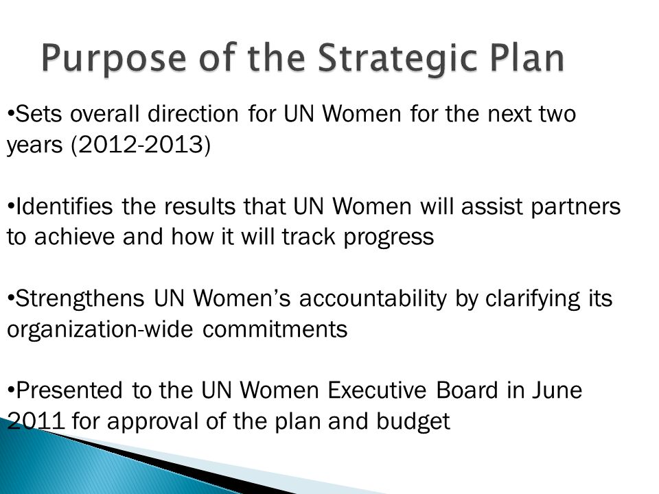Sets overall direction for UN Women for the next two years ( ) Identifies the results that UN Women will assist partners to achieve and how it will track progress Strengthens UN Women’s accountability by clarifying its organization-wide commitments Presented to the UN Women Executive Board in June 2011 for approval of the plan and budget