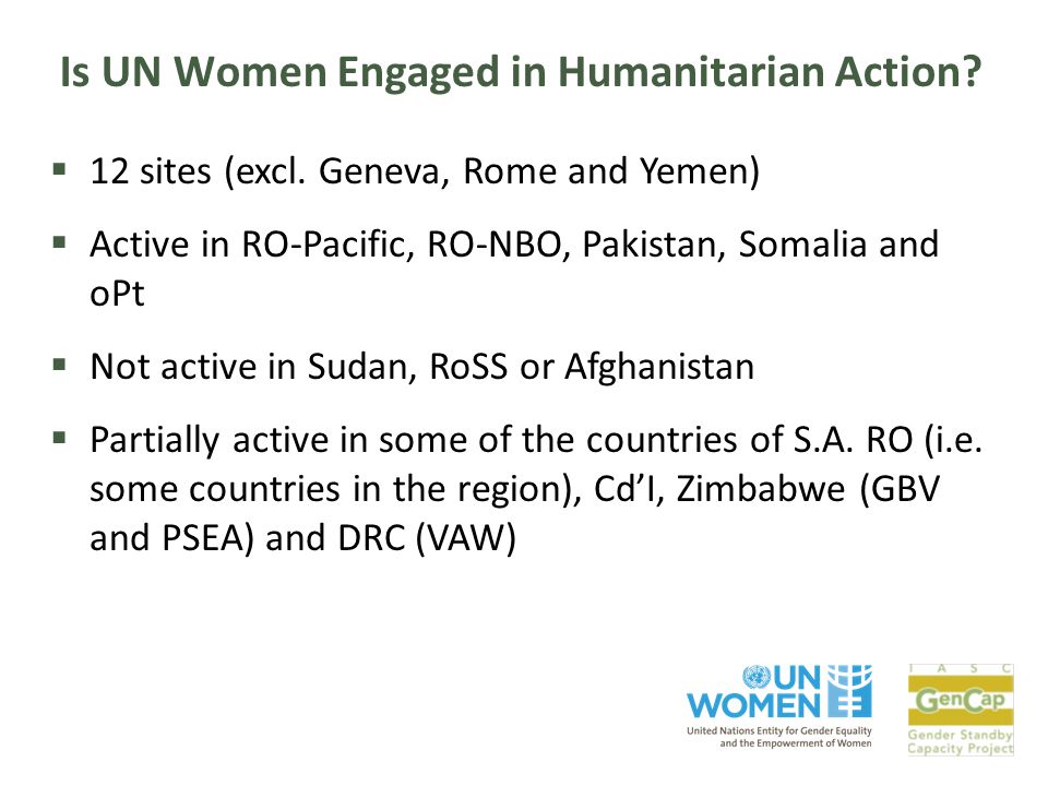 Is UN Women Engaged in Humanitarian Action.  12 sites (excl.
