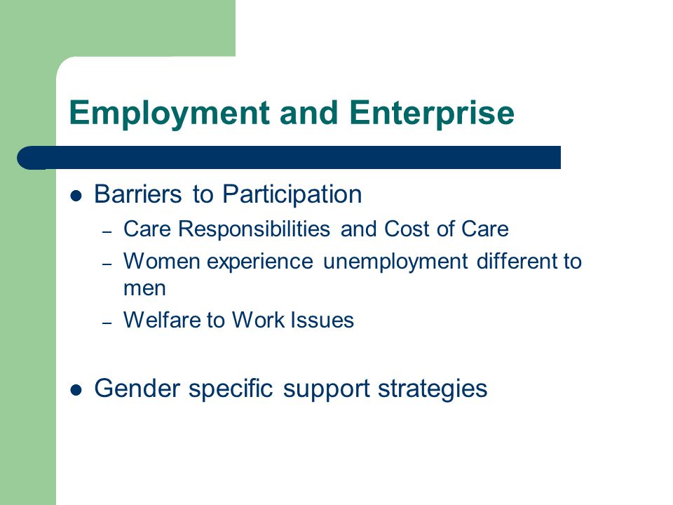 Employment and Enterprise Barriers to Participation – Care Responsibilities and Cost of Care – Women experience unemployment different to men – Welfare to Work Issues Gender specific support strategies