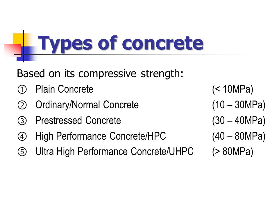 Types of concrete Based on its compressive strength:  Plain Concrete (< 10MPa)  Ordinary/Normal Concrete (10 – 30MPa)  Prestressed Concrete(30 – 40MPa)  High Performance Concrete/HPC(40 – 80MPa)  Ultra High Performance Concrete/UHPC (> 80MPa)