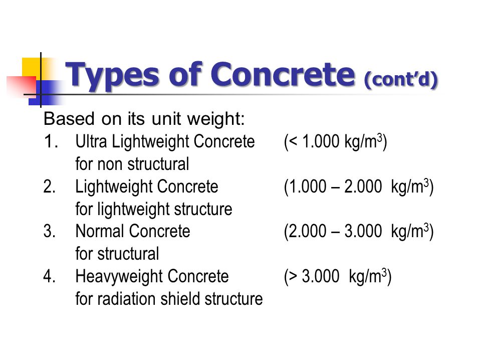 Types of Concrete (cont’d) Based on its unit weight: 1.