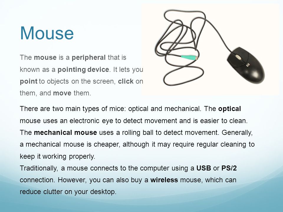 Mouse The mouse is a peripheral that is known as a pointing device.