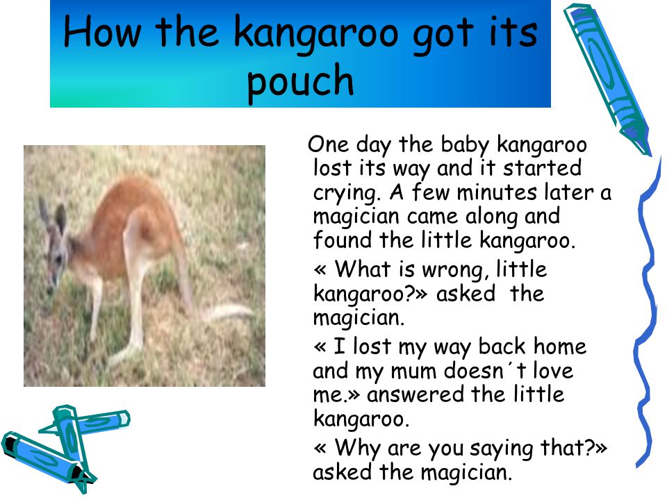 How the kangaroo got its pouch One day the baby kangaroo lost its way and it started crying.