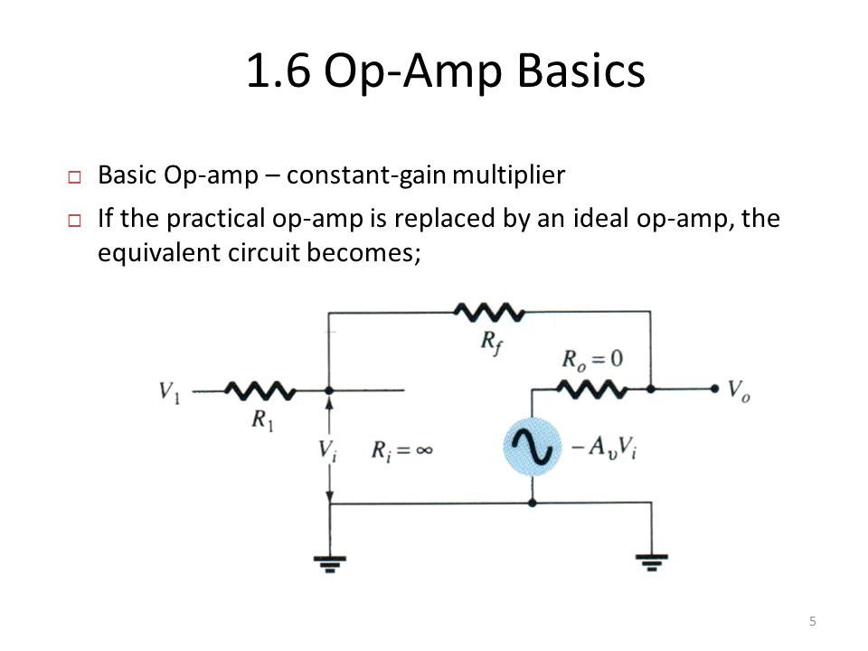  Basic Op-amp – constant-gain multiplier  If the practical op-amp is replaced by an ideal op-amp, the equivalent circuit becomes; 1.6 Op-Amp Basics 5