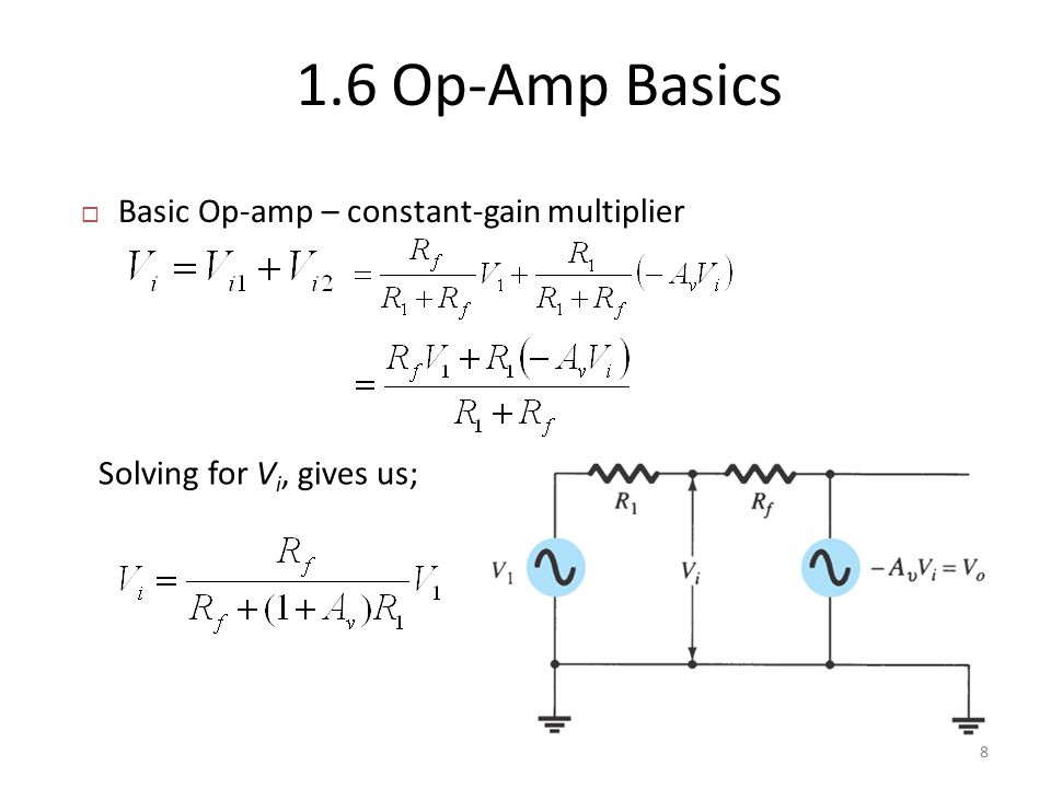  Basic Op-amp – constant-gain multiplier 1.6 Op-Amp Basics 8 Solving for V i, gives us;