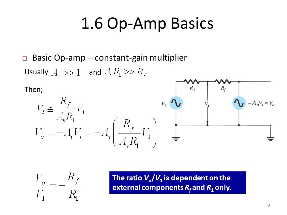  Basic Op-amp – constant-gain multiplier 1.6 Op-Amp Basics 9 Usually and Then; The ratio V o /V 1 is dependent on the external components R f and R 1 only.