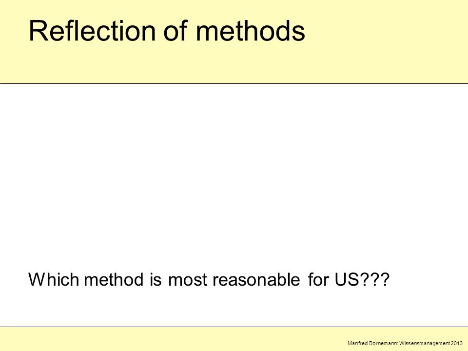 Manfred Bornemann: Wissensmanagement 2013 Reflection of methods Which method is most reasonable for US